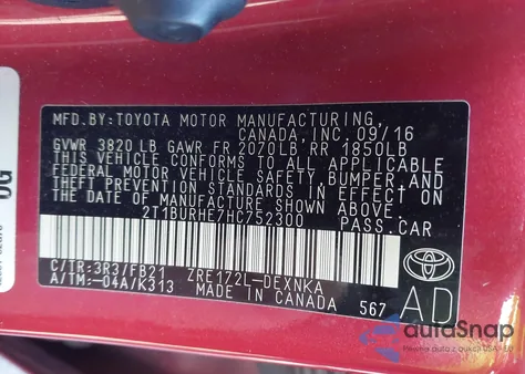 2017 Toyota Corolla Le z USA, uszkodzony, nr VIN 2T1BURHE7HC752300